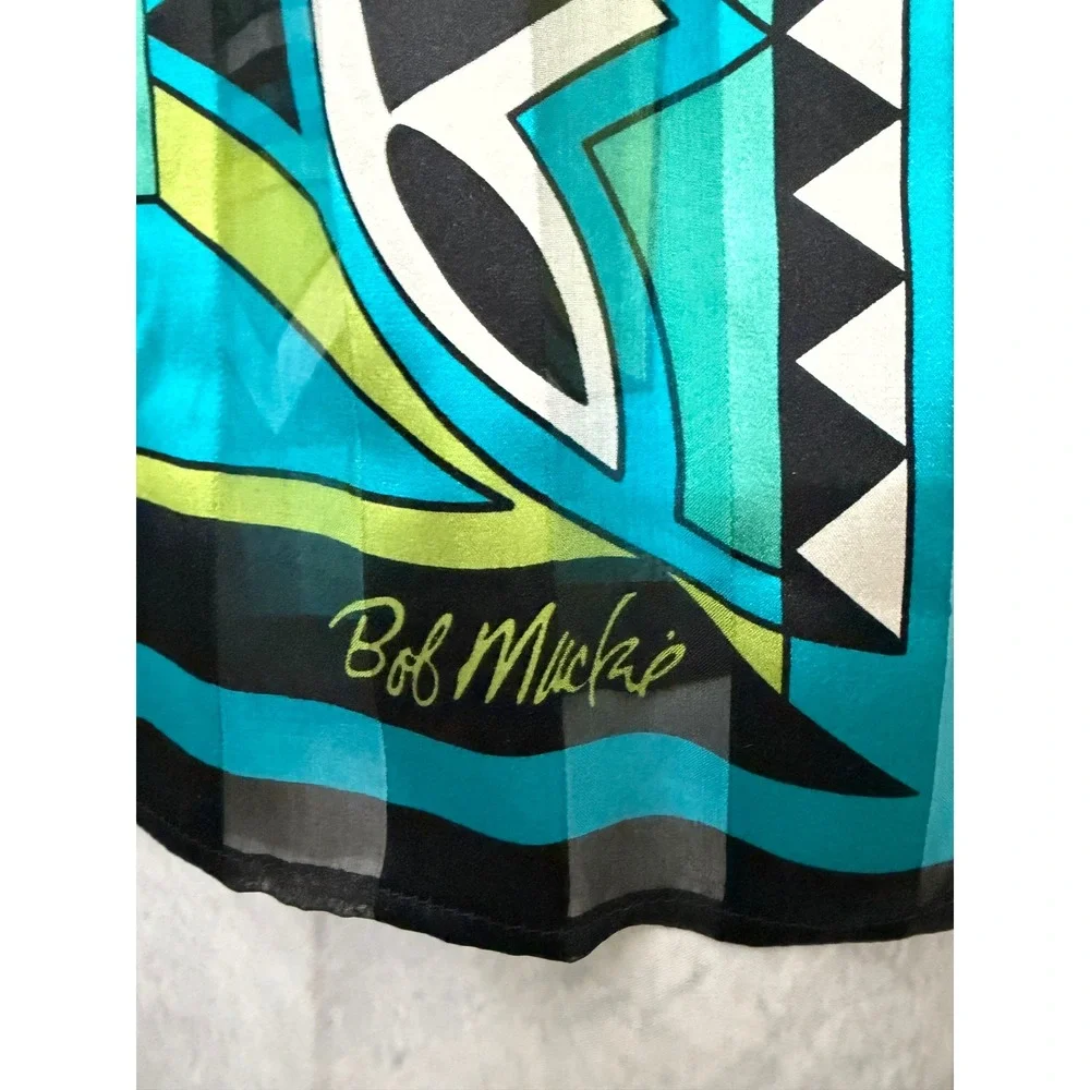 Bob Mackie Wearable Art 100% Silk Scarf Turquoise Green Geometric Floral Wrap
